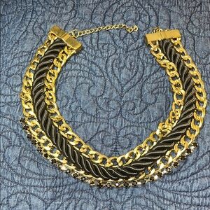Elegant Gold‎ Tone Chain and Black Satin Rope Necklace